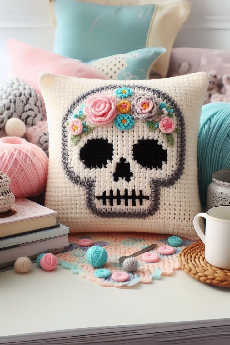 a crocheted skull pillow sitting on top of a table next to yarn balls