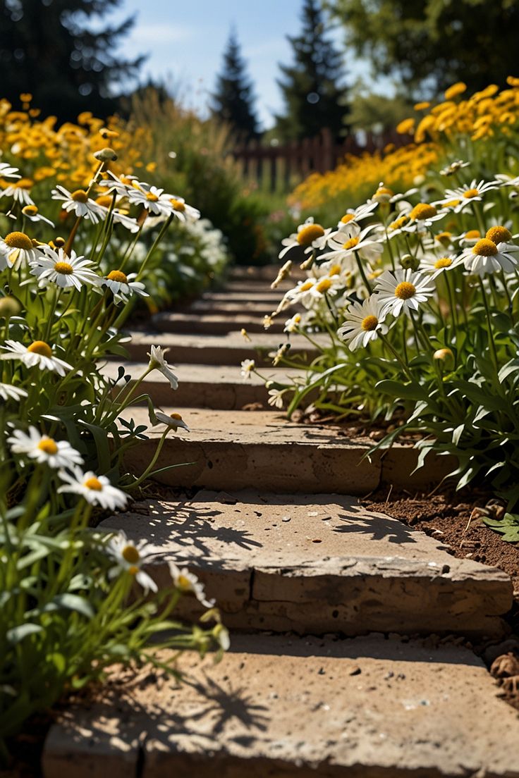 the flowers are blooming along the brick path in the garden, which is lined with yellow and white daisies