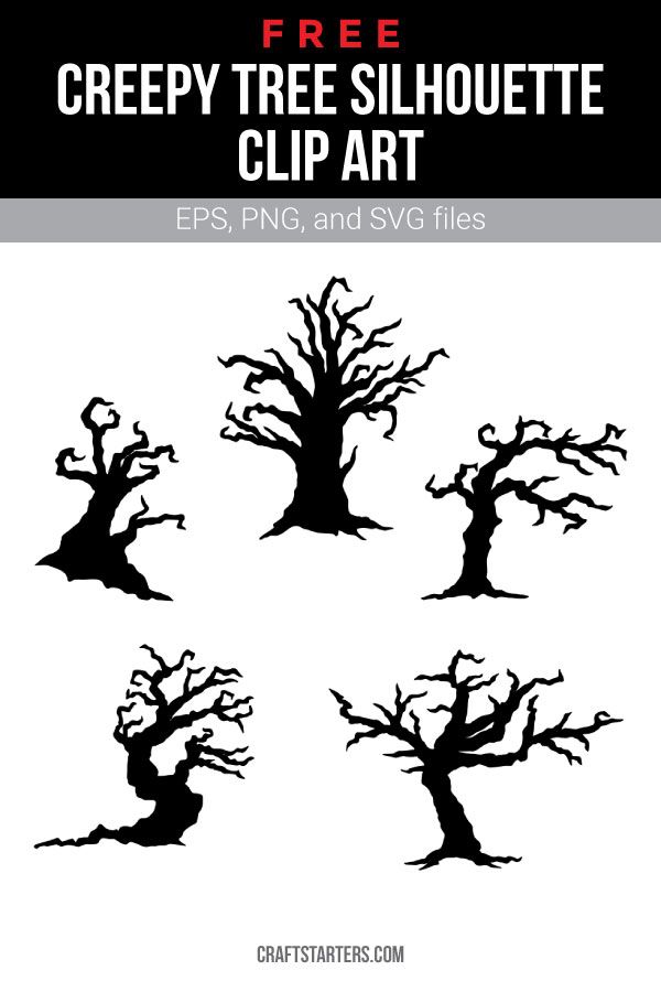 the creepy tree silhouette clip art is shown in black and white, with four different trees on