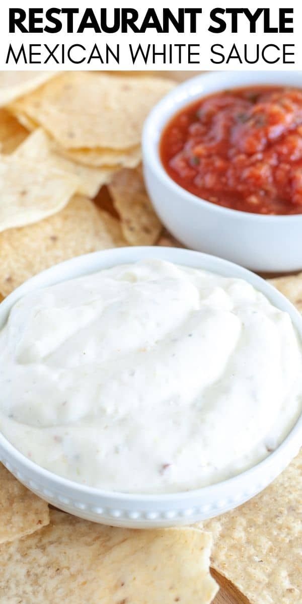 a bowl of mexican white sauce with tortilla chips on the side and text overlay