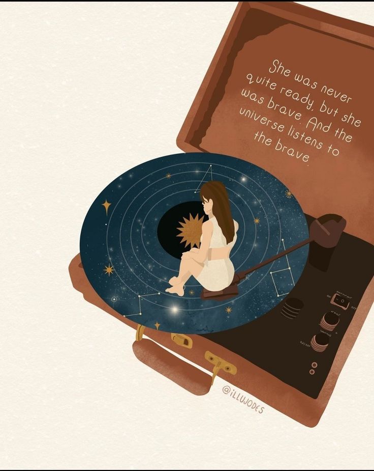 an illustration of a woman sitting on top of a record with the words, she was never quite able to be brave