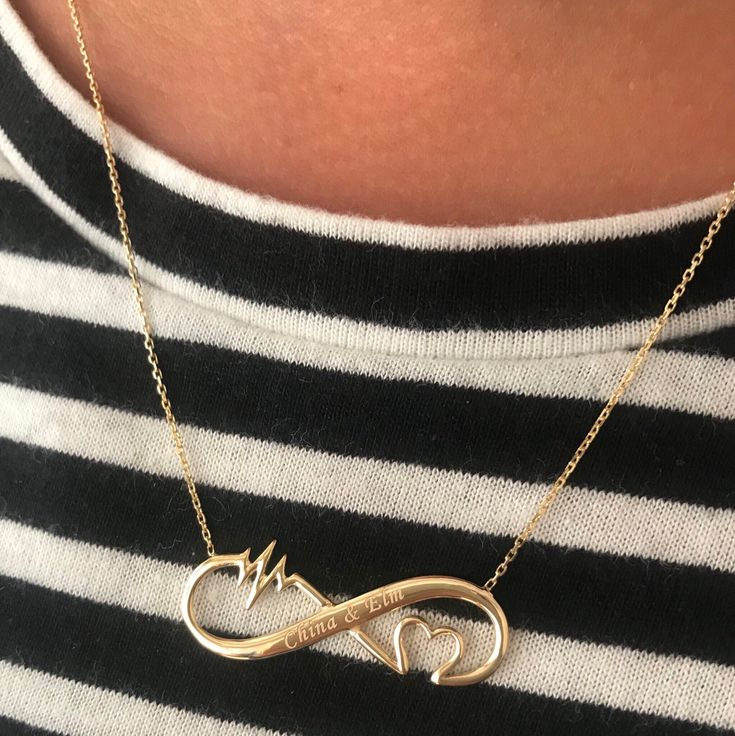 14k gold solid chain is also included to this 14 karat gold name infinity necklace. Dainty solid gold infinity engraved name or date or coordinate necklace is a great gift for her. Material: Solid Gold (Not Gold Filled or Gold Plated) Karat: 14 K (585) (Real Gold) Width: 3,00 cm   You can choose the chain length from 16" to 24". The "cable chain" is used for this necklace. For snake or box chain and any other lengths ask me. Chain Length - 16 inches adjustable 15 inches (choker) Chain Length - 1 Personalized Yellow Gold Jewelry, Valentine's Day Infinity Jewelry With Custom Name, Personalized Infinity Meaningful Jewelry, Personalized Infinity Style Meaningful Jewelry, Personalized Infinity Jewelry With Meaningful Style, Personalized Rose Gold Infinity Jewelry, Personalized Infinity Rose Gold Jewelry, Meaningful Infinity Jewelry For Anniversary, Personalized Infinity Jewelry