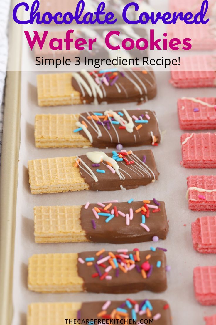 chocolate covered wafer cookies with sprinkles in the middle on a baking sheet