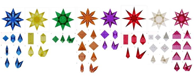 an assortment of different colored paper stars and arrows on a white background with text that reads how to make origami stars