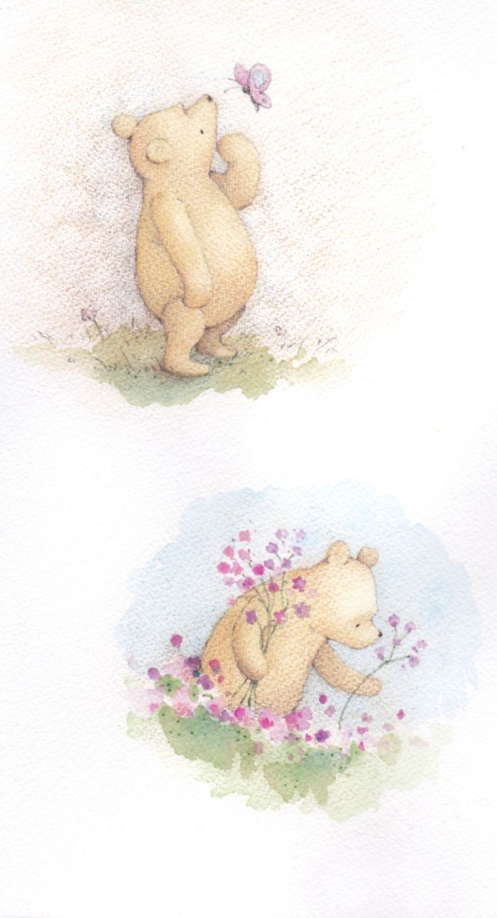 two watercolor paintings of teddy bears in the grass with flowers and butterflies on their backs