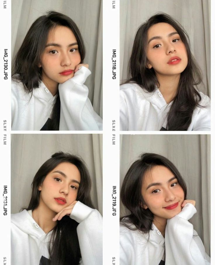 four different pictures of a woman with long black hair and red lipstick, wearing a white shirt