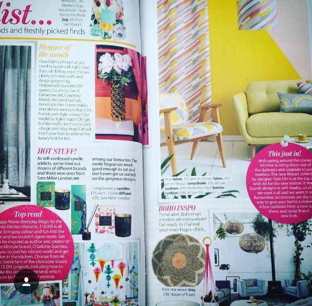 an article in the magazine about decorating with pictures and text on it, as well as photos