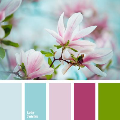 the color scheme is pink, green and blue with white flowers on it's branches