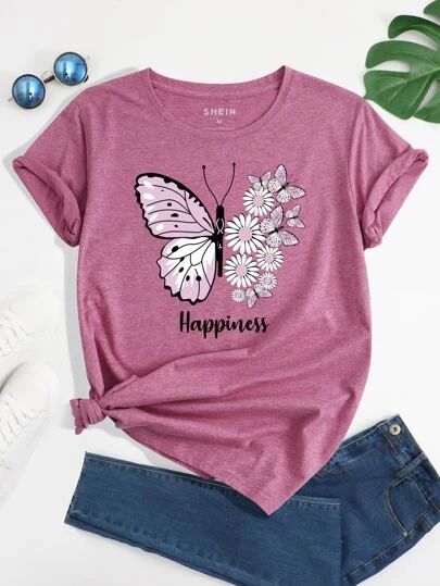 Heart And Butterfly Print Tee | SHEIN EUR Printed Tee Women, T Shirt Design Template, Shirts Women Fashion, Floral Butterfly, Floral Tee, Ladies Tee Shirts, Tee Shirt Designs, Women T Shirts, Print Tee