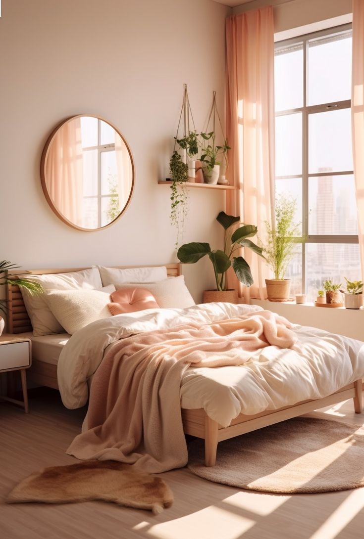 a bedroom with a bed, plant and round mirror