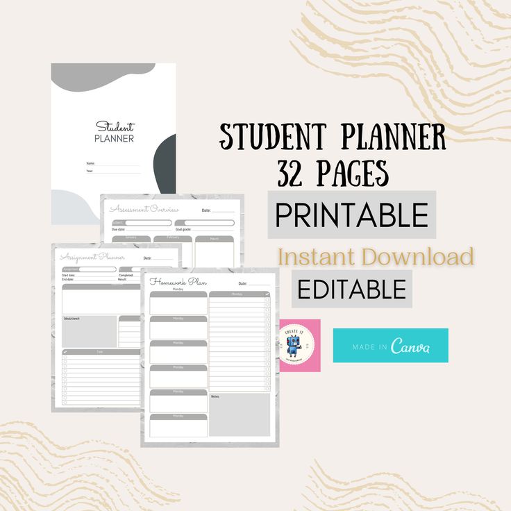 student planner 32 pages printable instant editable for students to use in the classroom