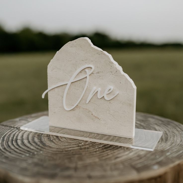 a piece of wood with the word one on it sitting on top of a tree stump