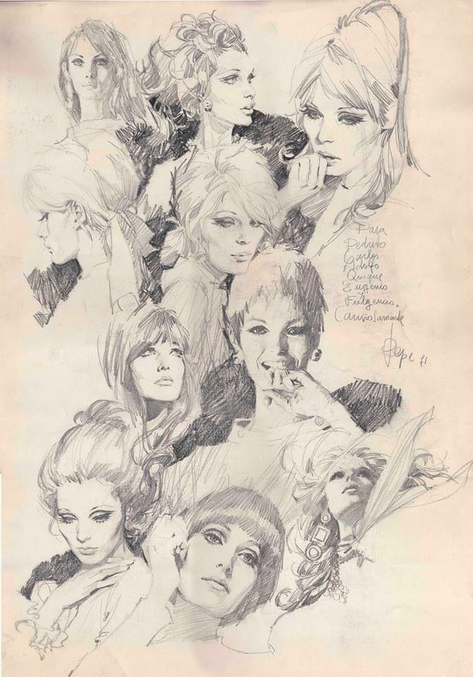 a pencil drawing of many different women