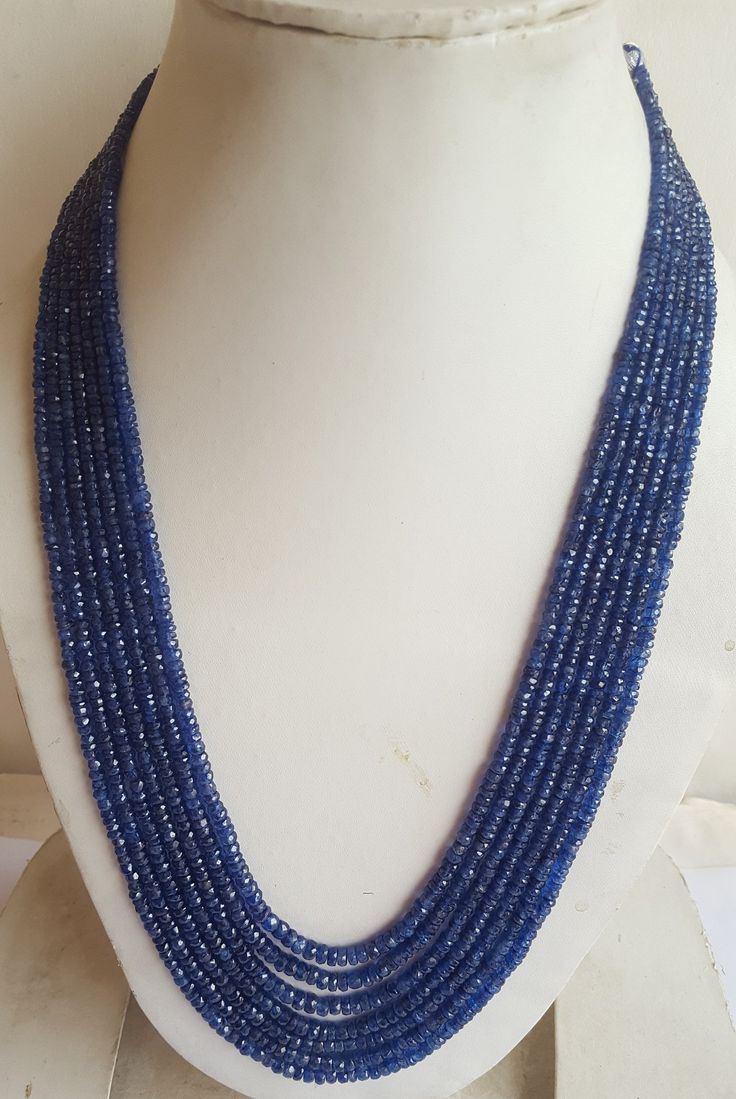 "PRODUCT DESCRIPTION :-- Precious 7 Strands Blue Sapphire Gemstone Necklace  Stone Name :--- Natural  Blue sapphire  Origin :-- Africa  Gemstone Shape:-- Rondelle ( Faceted )  Carat  :--    665  Length :-- Each 18 To  22\"Inches approximate Of Blue Sapphire Beads  Size      :-- 3 MM to 4 MM approximate  Hole Size :-- 0.50 mm  Color : Blue  Quality: AAA+   Delivery timeframes (from date of shipping) - USA: ~2 weeks  - Rest of the World: ~ 3-4 weeks   The photographs of the items have been taken i Colour Beads Necklace, Gemstone Colours, Sapphire Beads, Blue Sapphire Necklace, Blue Sapphire Gemstone, Precious Beads, Necklace Stone, Sapphire Necklace, Natural Blue Sapphire