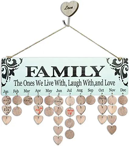 a family sign hanging on a wall with hearts attached to the front and back of it