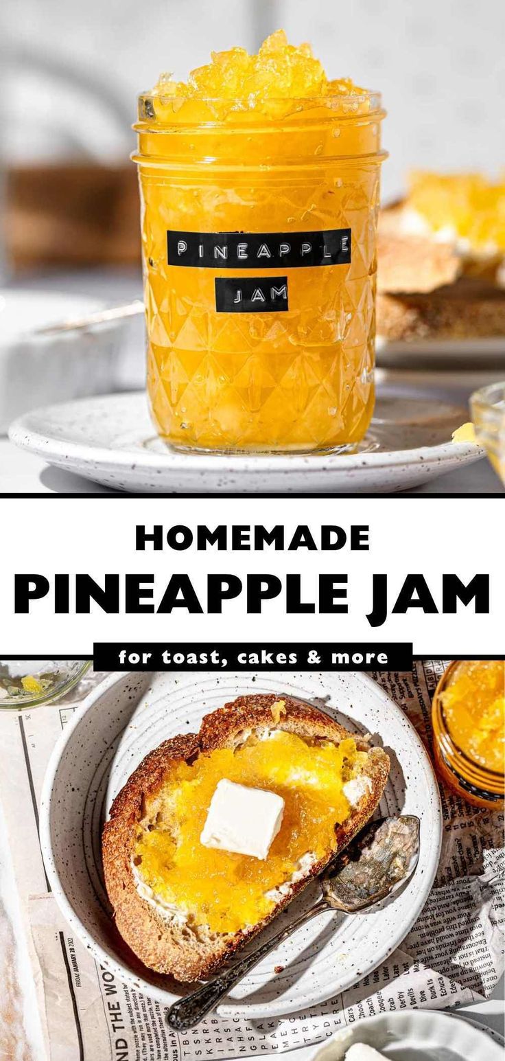 homemade pineapple jam in a glass jar with toast on the side