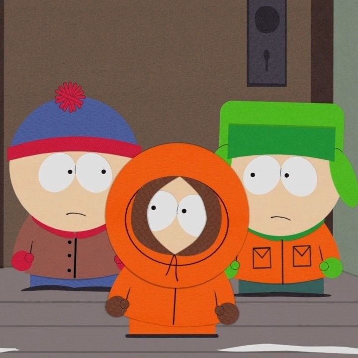 two cartoon characters are standing next to each other in front of a door and one is wearing an orange hoodie