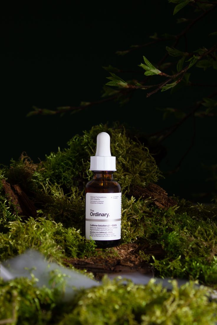 The Ordinary Caffeine Solution 5% skincare product photography Moss Product Photography, Tincture Product Photography, Stone Product Photography, Moody Product Photography Ideas, Forest Product Photography, Outdoor Brand Photography, Mountain Product Photography, Night Product Photography, Earthy Product Photography