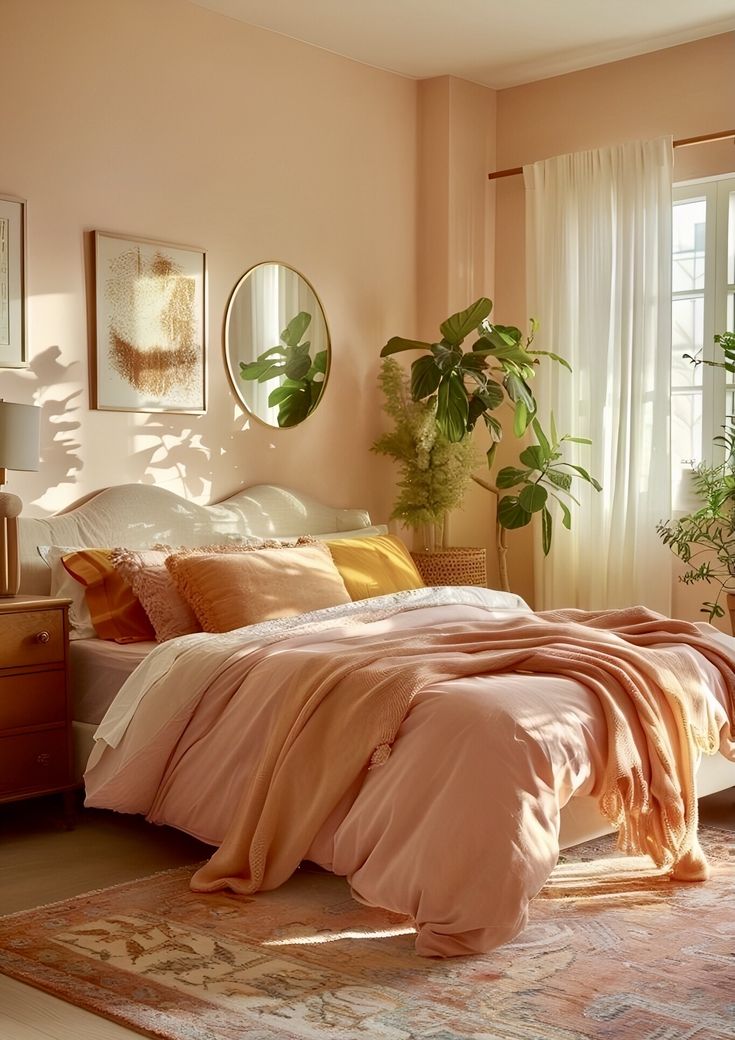 a bed with pink sheets and pillows in a bedroom next to a window filled with potted plants