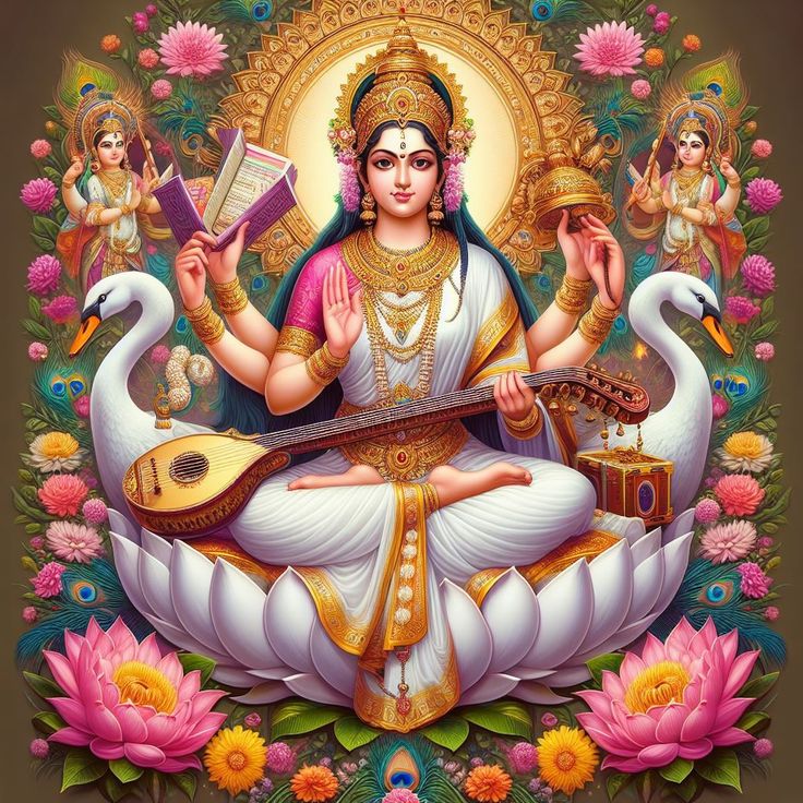 the hindu goddess sitting on a swan with her instrument and music instruments in her hands