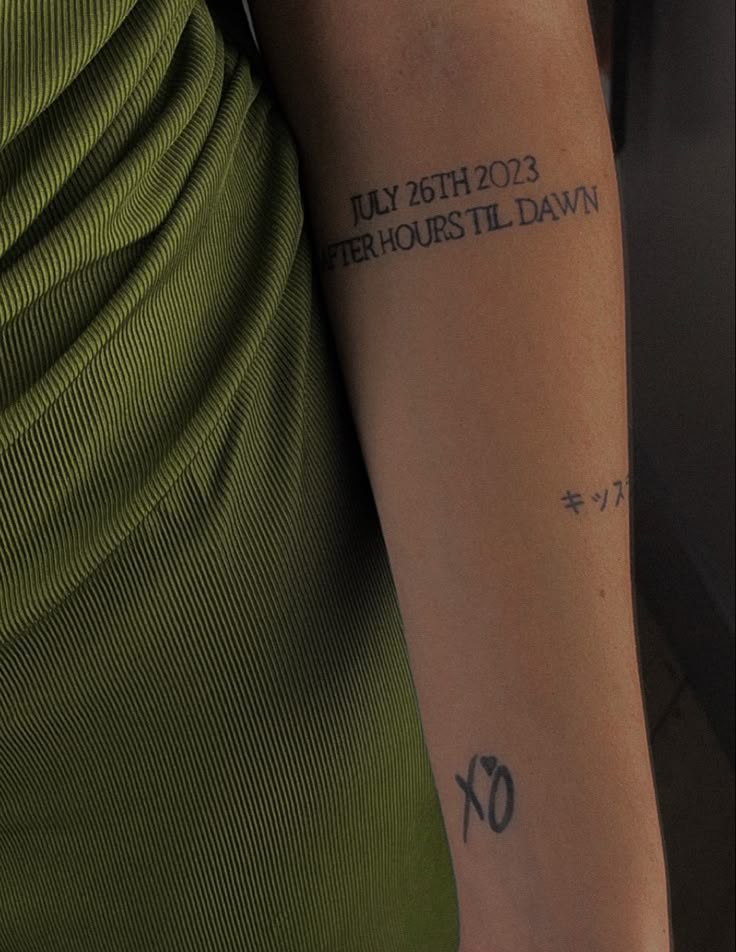 a woman with a tattoo on her arm and the words, july 25th 2013 after hours it dawn