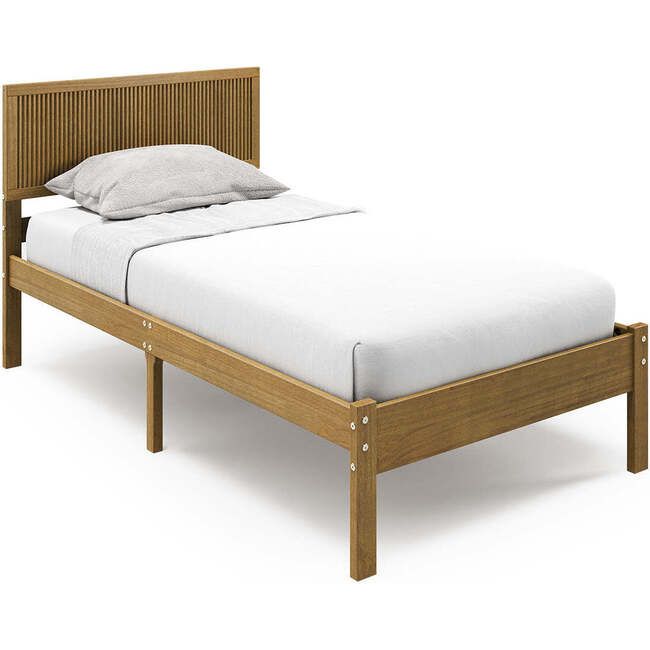 a wooden bed frame with white sheets and pillows on top of the headboard, in front of a white background