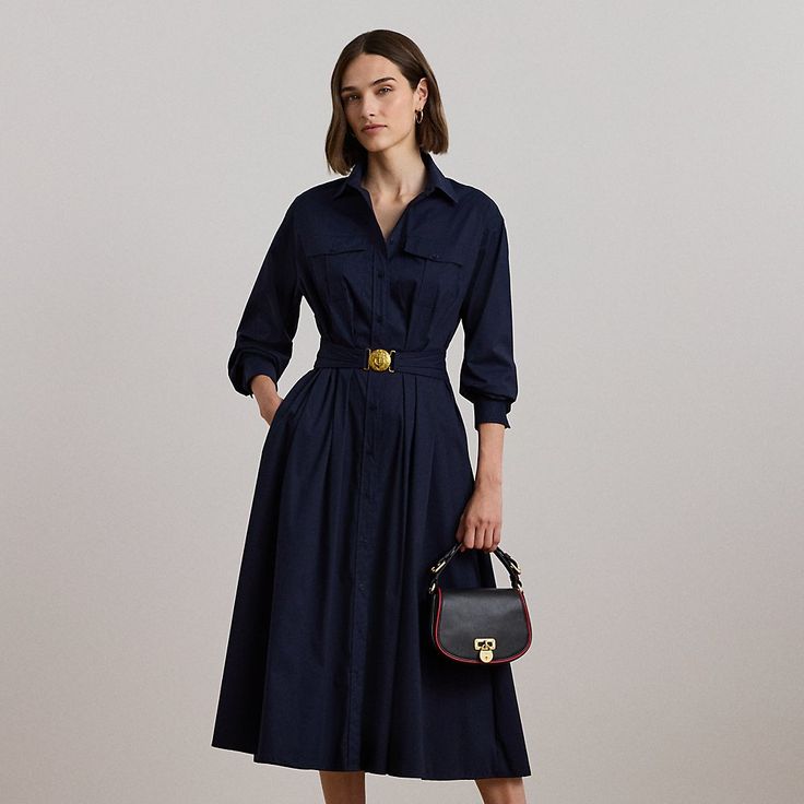 An anchor-embossed buckled self-belt and box-pleated patch pockets define the nautical-inspired character of this shirtdress which is crafted with a lightweight stretch-cotton blend for a silky hand feel. Ralph Lauren Style Women, Ralph Lauren Fashion, Ralph Lauren Looks, Ralph Lauren Womens Clothing, Ralph Lauren Style, Ralph Lauren Purple Label, Ralph Lauren Womens, Classic Fashion, Horse Girl