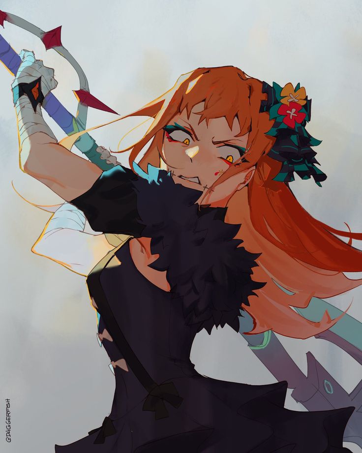 an anime character with long red hair holding a bow and arrow in one hand while looking at the camera