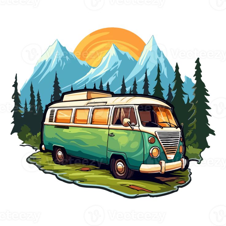 an old van parked in front of mountains