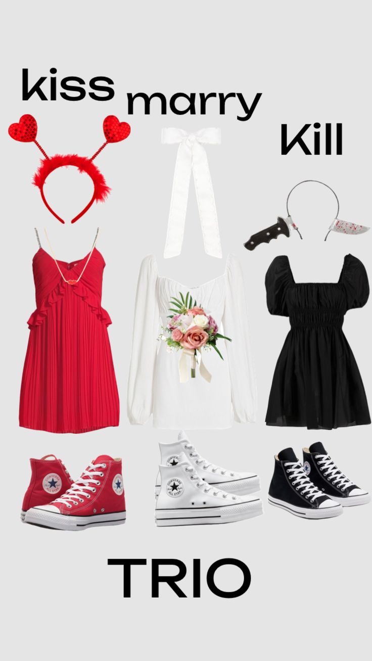 four different types of clothes and shoes with the words kiss mary kill