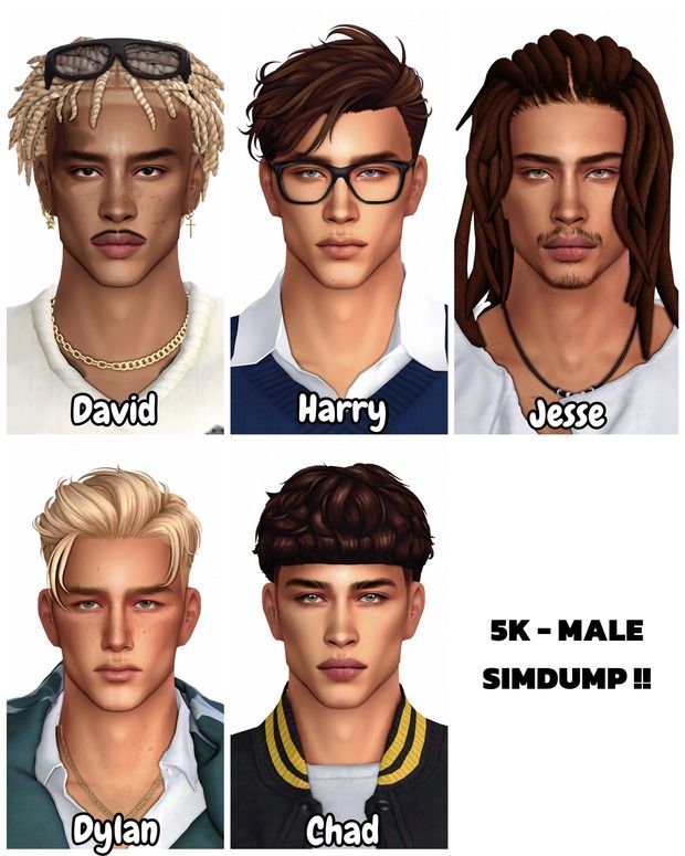 four male avatars with different hairs and glasses on their faces, all wearing hair styles