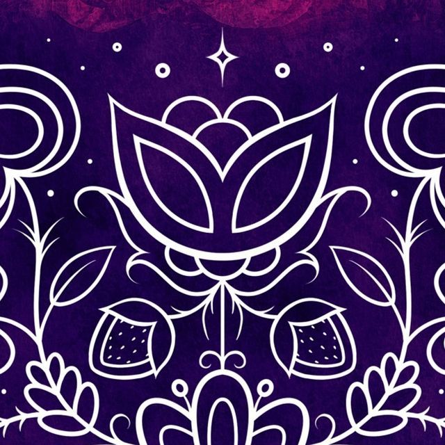 a purple background with white flowers and leaves on the bottom right hand corner is an ornate design