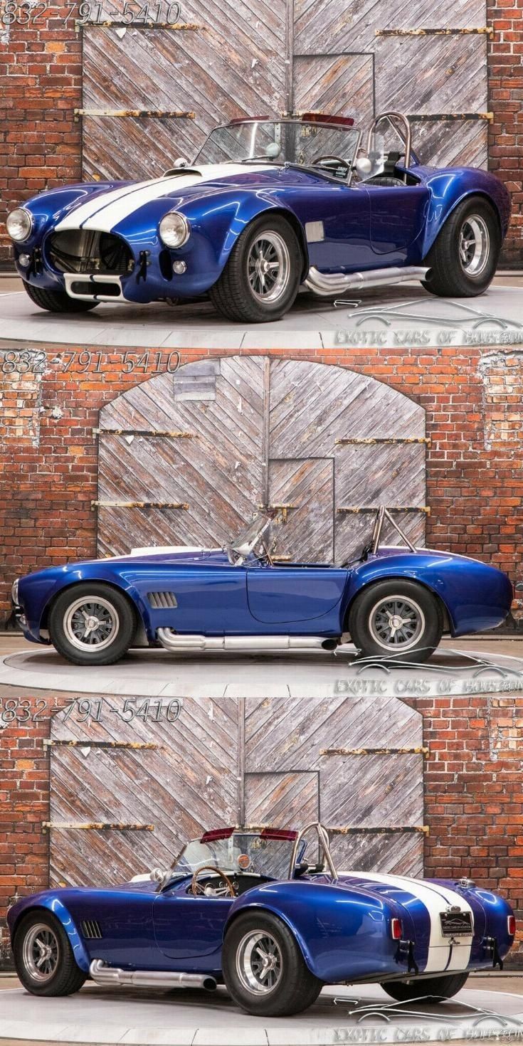 three photographs of an old blue sports car in front of a brick wall and door