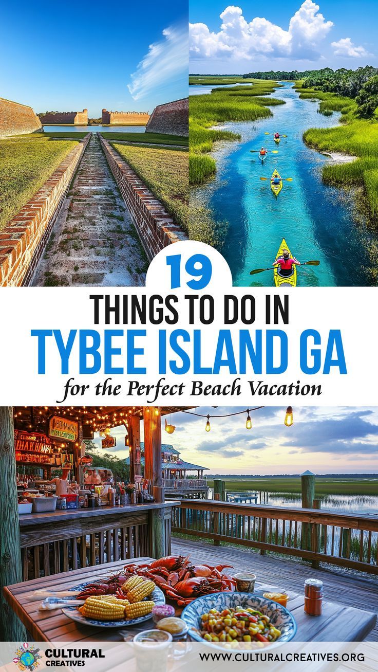 A collage featuring historic forts, kayaking through serene marshes, and a seafood feast on a rustic waterfront deck, capturing the essence of 19 Things to Do in Tybee Island GA for the Perfect Beach Vacation. Savannah Georgia Vacation, Georgia Islands, Tybee Island Lighthouse, Georgia Beaches, Tybee Island Georgia, Georgia Vacation, East Coast Travel, Vacation Activities, Georgia Travel