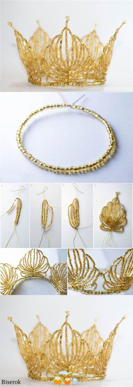 several different pictures of gold jewelry with beads and chains on the bottom, along with an image of a tiara