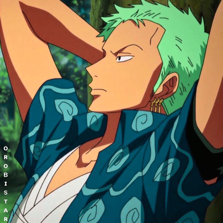 an anime character with green hair holding his head in the air