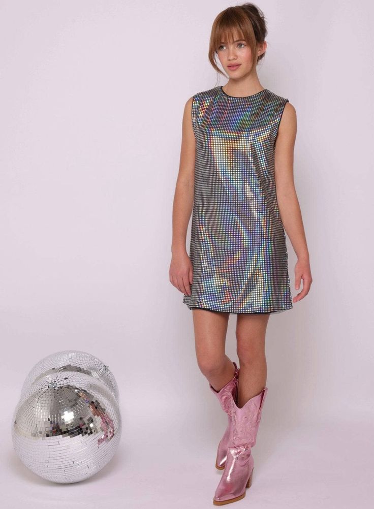 Disco Girl Dress Fitted Sequin Dress For Spring Dress-up, Fitted Disco Style Dress For Festival, Playful Sequined Party Dress, Playful Sequin Party Dresses, Playful Party Dress With Sequins, Playful Dresses For Holiday Parties, Summer Metallic Dress For Costume Party, Metallic Summer Dress For Costume Party, Metallic Dress For Summer Costume Party