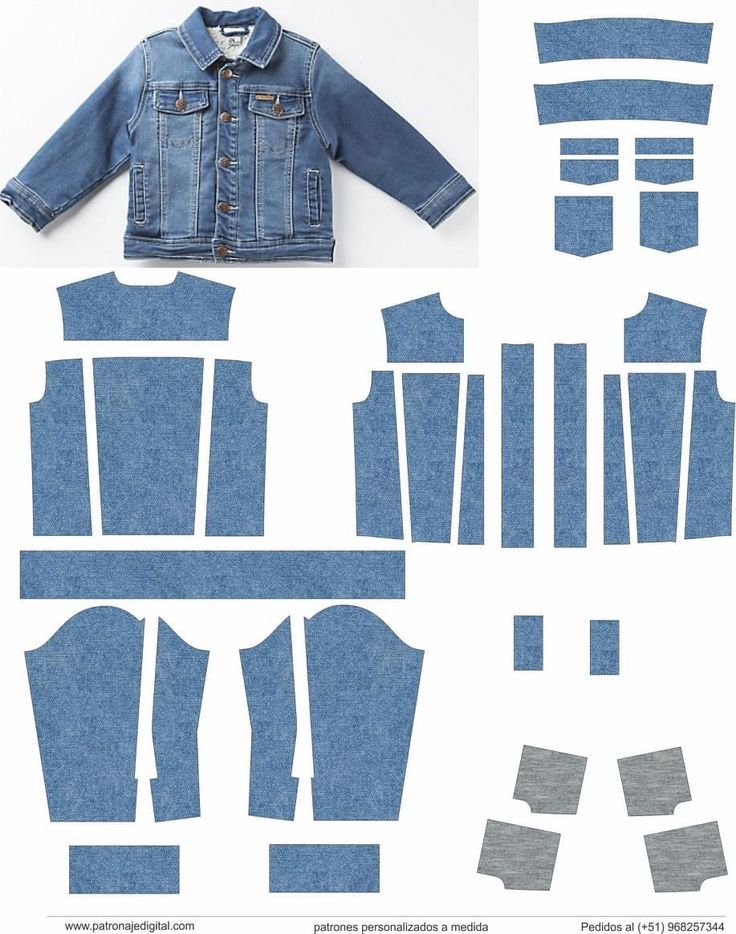 the cut out pattern for a denim jacket is shown in three different sizes and colors