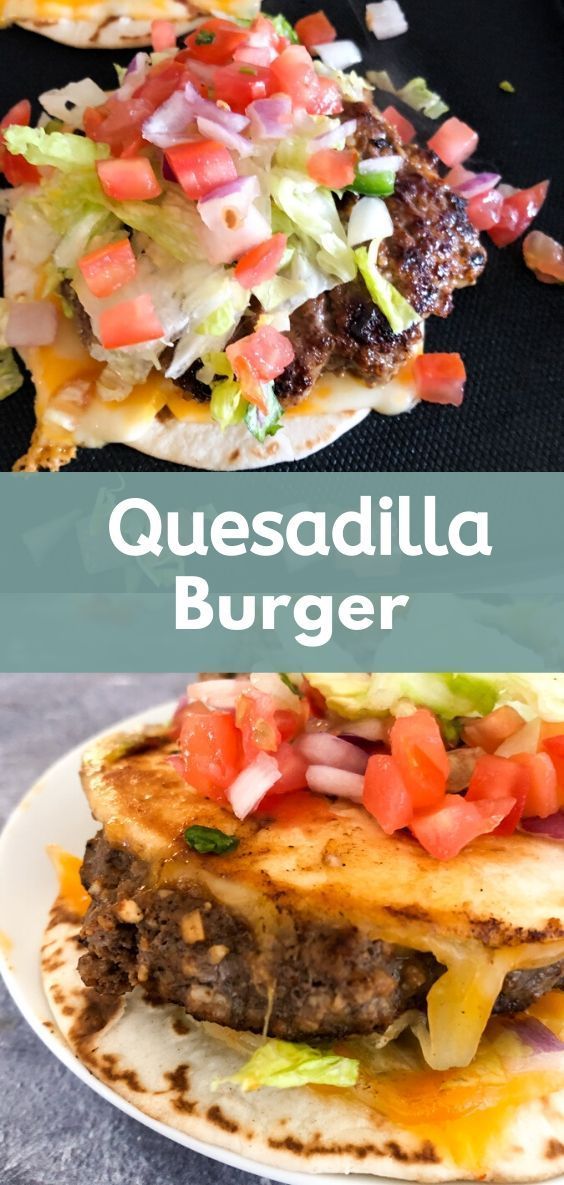 quesadilla burger with lettuce, tomato and onions on top is shown