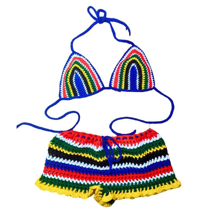 Crochet Mesh Shorts with matching Bikini top in South Africa Flag 🇿🇦 colors. Option to add matching striped bucket hat available. Perfect outfit for beach vacations, music festivals, raves, and dance classes.  Bikini is halter top with ties behind the neck and at the back. Shorts have tie at waist area. Set is made to order- size guidelines in photos. Can be made to exact measurements if requested in personalization section. Multicolor Short Swimwear For Festival, Fitted Multicolor Crochet Swimwear, Multicolor Crochet Swimwear For Summer, Fitted Crochet Beach Shorts, Fitted Crochet Shorts For Beach, Fitted Crochet Shorts For The Beach, Beachwear Crochet Shorts For Beach Season, Bohemian Multicolor Crochet Swimwear, Fitted Multicolor Cotton Swimwear