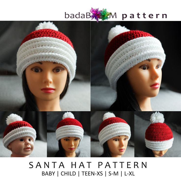 four photos of santa hat pattern for baby's and toddler's hats