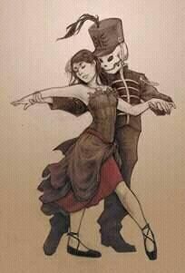 a drawing of two people dressed up as skeletons and one wearing a top hat, dancing