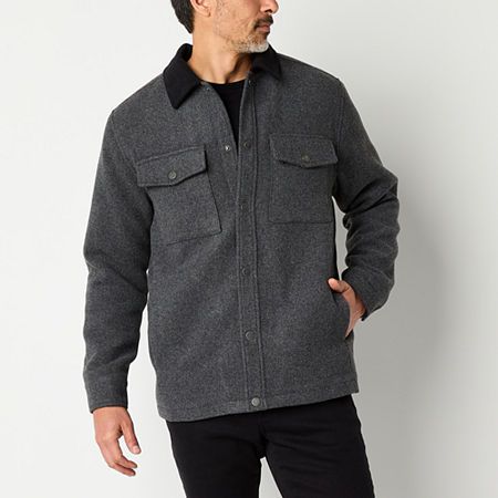 St. John's Bay designs are built for quality and versatility, so there's no suprise this men's heavyweight shirt jacket pairs well over casual and office-ready looks. Made from soft woven fabric, it has a contrast point collar, snap-button flap chest pockets, long sleeves, and snap-button cuffs.Features: LinedClosure Type: SnapFit: Regular FitNeckline: Collar NeckPockets: 2 Front Slip Pockets, 2 Chest Snap PocketsSleeve Length: Long SleeveWarmth Factor: HeavyweightApparel Length: 33 InchesOuterw Winter Button-up Sport Coat With Pockets, Button-up Sport Coat With Patch Pockets For Work, Affordable Collared Men's Shacket, Winter Button-up Sport Coat With Patch Pockets, Men's Affordable Button-up Utility Jacket, Shirt Jackets, Wool Coats, Gray Jacket, Wool Coat