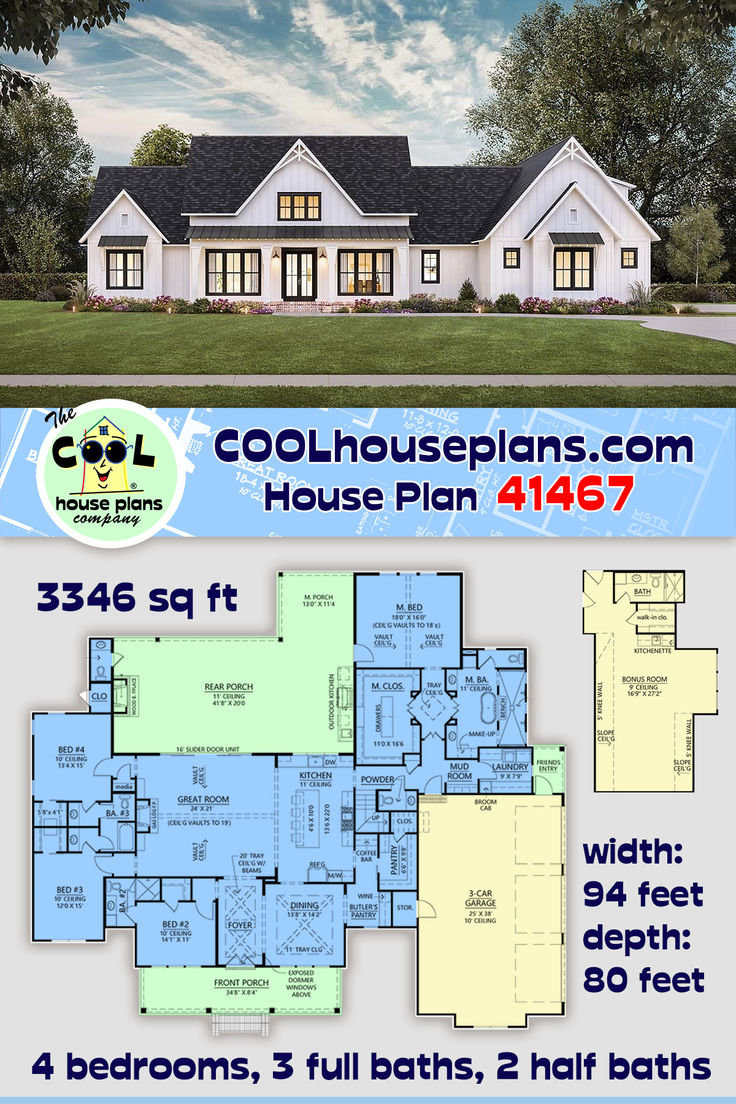 two story house plan with 3 bedroom and 2 bathes in the front, an open floor