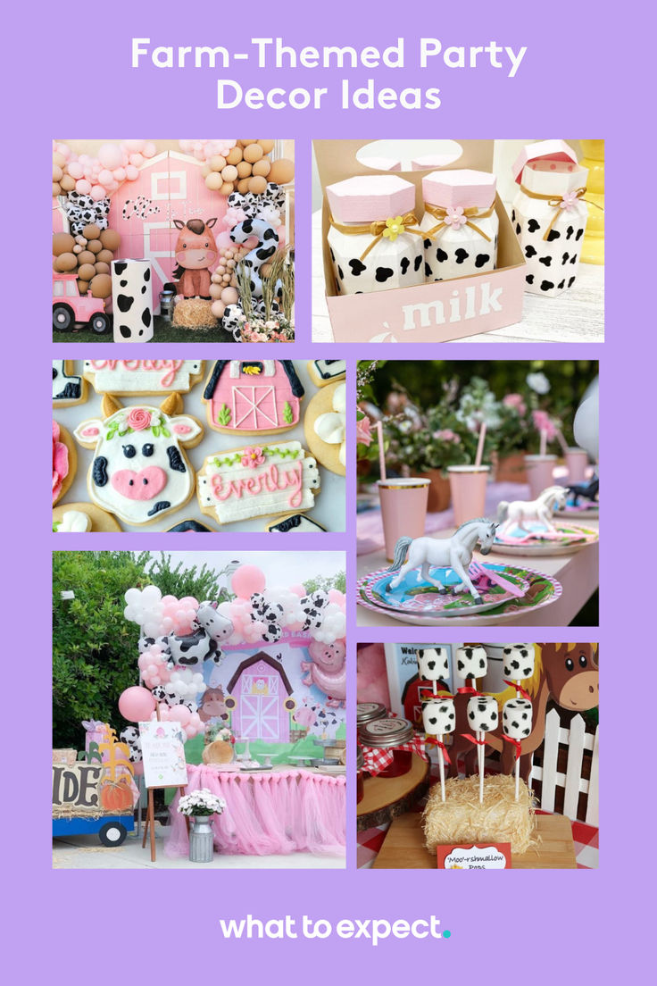 a collage of farm themed party decor ideas