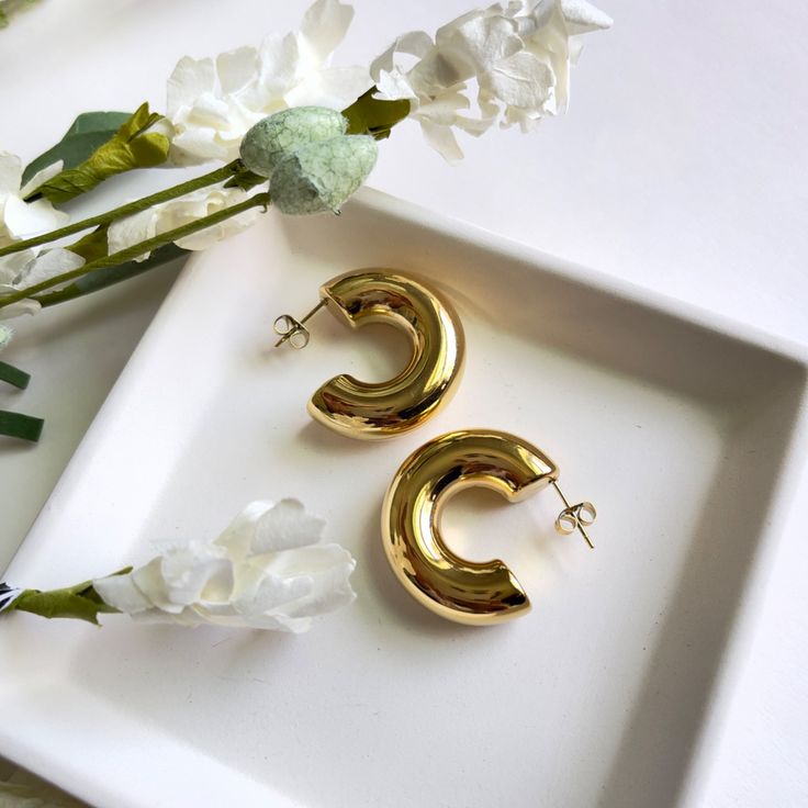 Chunky Gold Hoops – Crescent Jewelry Designs Minimalist Gold-plated Earrings With Polished Finish, Minimalist Gold Plated Earrings With Polished Finish, Minimalist Metal Earrings With Shiny Finish, Minimalist Earrings With Shiny Finish For Formal Occasions, Minimalist Earrings With Shiny Finish For Formal Events, Minimalist Formal Earrings With Shiny Finish, Modern Gold Plated Earrings For Formal Events, Modern Gold Plated Earrings For Formal Occasions, Minimalist Metal Huggie Earrings For Formal Occasions