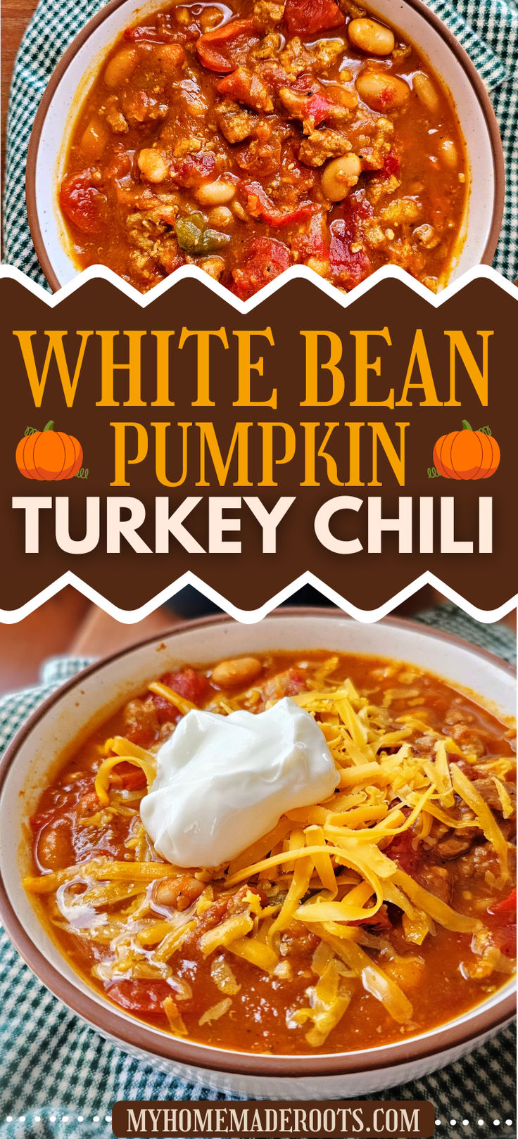 white bean pumpkin turkey chili with sour cream in the middle and an image of a bowl