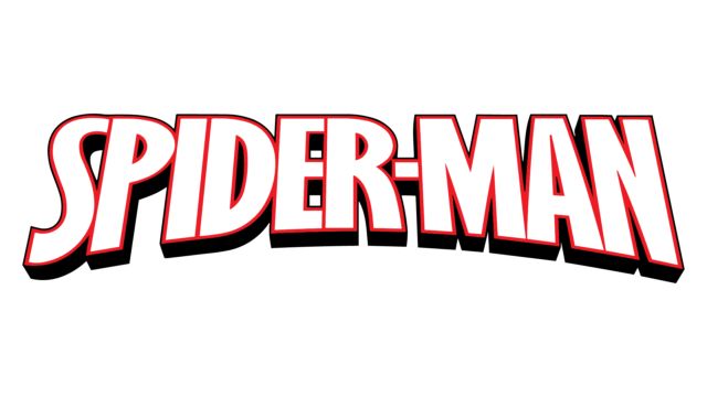 the logo for spider - man is shown in red and black on a white background