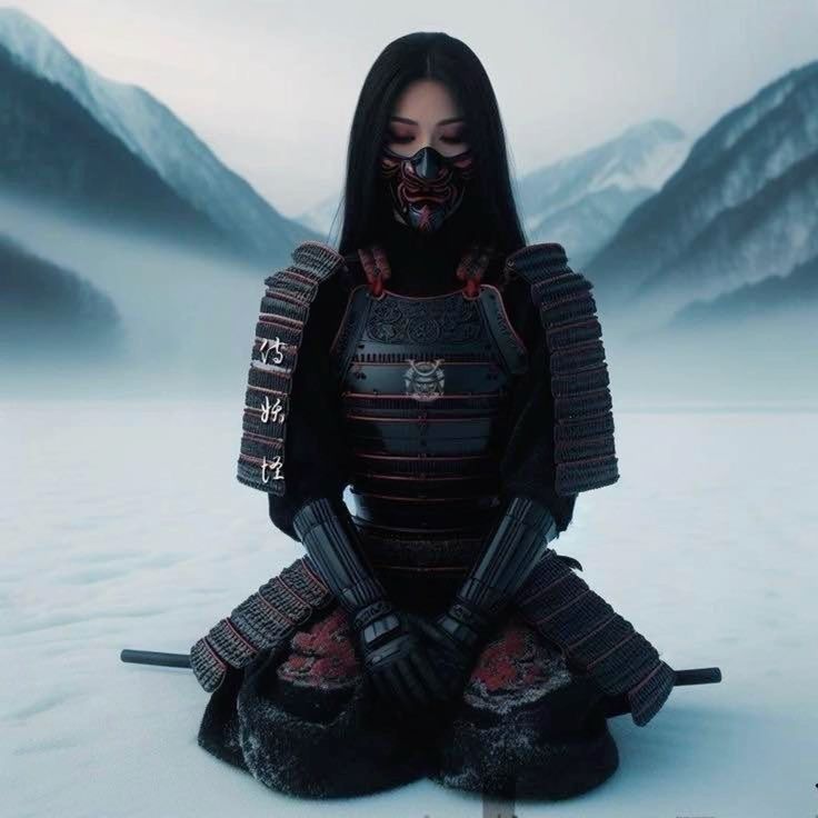 a woman dressed in black and red sitting on top of snow covered ground with mountains behind her