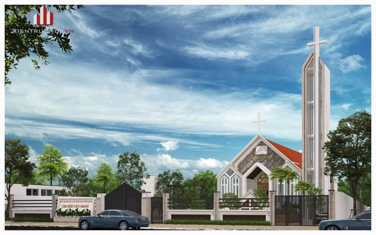 an artist's rendering of a church with cars parked in front